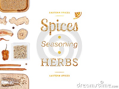 Different spices and herbs on white background. top view Stock Photo