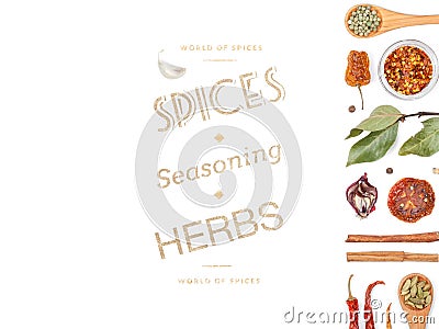 Different spices and herbs on white background. top view Stock Photo