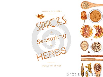 Different spices and herbs on white background. top view Stock Photo