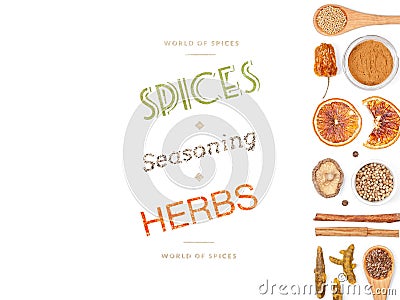 Different spices and herbs on white background. top view Stock Photo