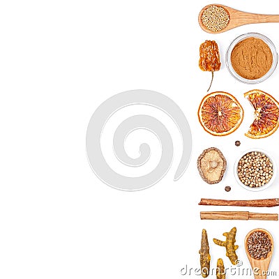 Different spices and herbs on white background. top view Stock Photo