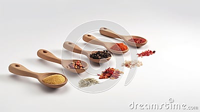 different Spices on nice wooden spoons on white background with spices in front of the spoon Generative AI Cartoon Illustration