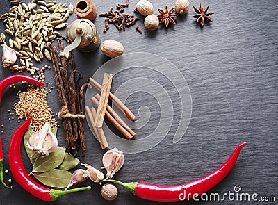 Different spices on rocked table. Stock Photo