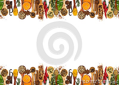 Different spices, seasonings and herbs isolated on white Stock Photo