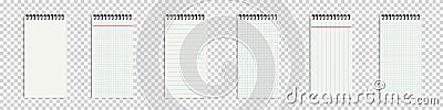 Different Spiral Notebook Templates - Empty Cell Grid Striped And Dotted Vector Illustrations - Isolated On Transparent Background Vector Illustration