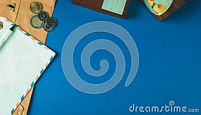Different stuff to send a post mail like papers, envelope, pens and other objects. Copy space Stock Photo