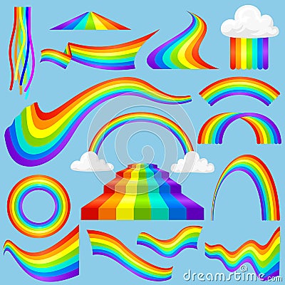 Different style rainbow color strips after rain optical sky effect vector set. Vector Illustration