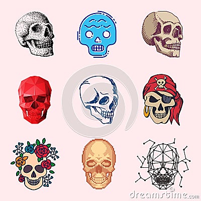 Different style skulls faces vector illustration halloween horror style tattoo anatomy art. Vector Illustration