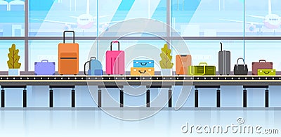 Different Suitcases On Baggage Conveyor Belt In Airport Vector Illustration