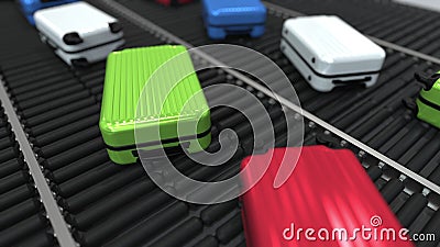 Different suitcases move on roller conveyor, 3D rendering Stock Photo
