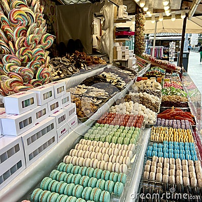 Different sweets on the counter are laid out all the colors of the rainbow as much as the saliva flows from jelly Editorial Stock Photo
