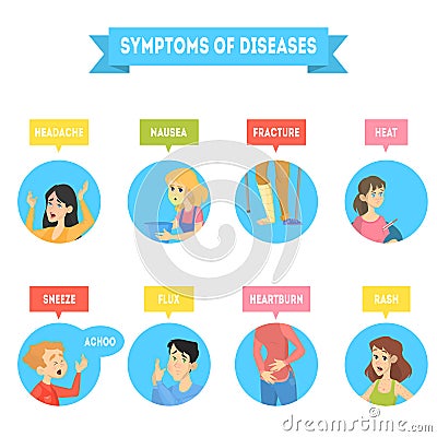 Different symptoms of disease. Sick people suffering Vector Illustration
