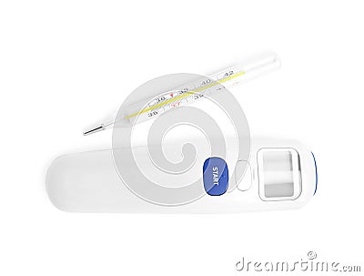 Different thermometers on white background Stock Photo