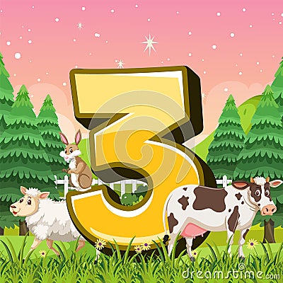 Different three animals attached to number three Vector Illustration