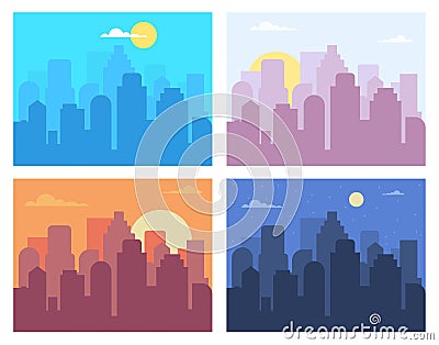 Different time cityscape. City view landscape in morning day afternoon evening nighttime, night long skyline of urban Vector Illustration