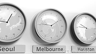 Focus on the clock showing Melbourne, Australia time. Conceptual 3D rendering Stock Photo