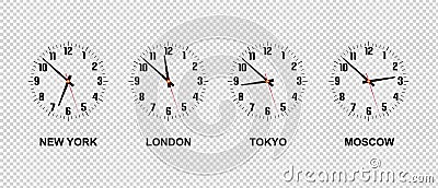 Different Time Zones - New York, London, Tokyo, Moscow - Vector Illustration - Isolated On Transparent Background Vector Illustration