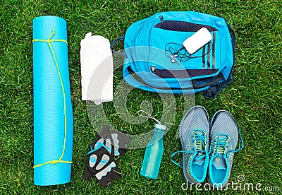 Different tools and accessories for sport. Stock Photo