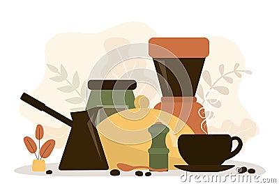 Different tools for making cappuccino. Coffee machine, french press, grinder, moka. Coffee shop or restaurant Vector Illustration