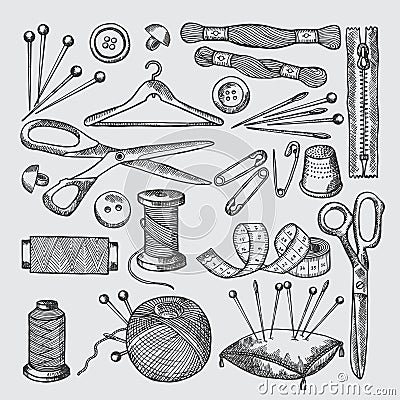 Different tools for sewing workshop. Vector pictures in hand drawn style Vector Illustration