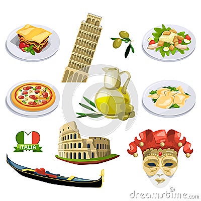 Different traditional elements and symbols of italy, venice. Travel vector illustrations in cartoon style Vector Illustration