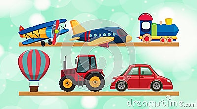 Different transportation toys on wooden shelves Vector Illustration