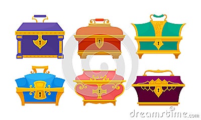 Different Treasure Chests and Trunks with Golden Keyhole Vector Set Vector Illustration