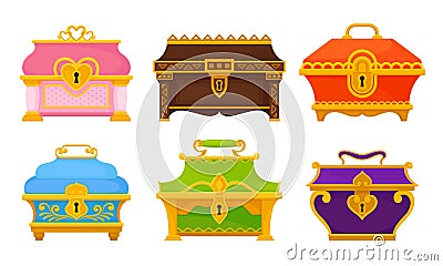 Different Treasure Chests and Trunks with Golden Keyhole Vector Set Vector Illustration
