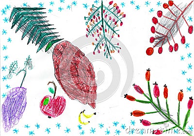 Different tree`s branches with snowflakes and fruits, child drawing Stock Photo