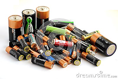 Different type of batteries, rechargeable and disp Editorial Stock Photo