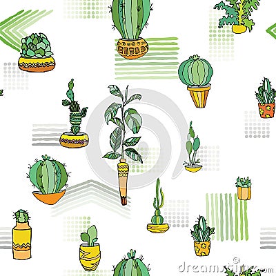 Different type indoor plants in cute flowerpots with traditional ornament. Seamless pattern. Vector illustration. Vector Illustration