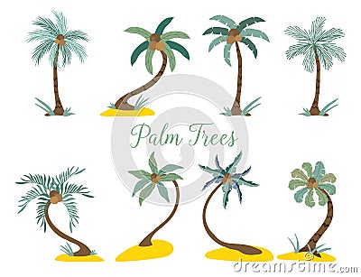 Different type palm trees on the beach. Cartoon Illustration