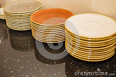 Different type of plates made towers Stock Photo