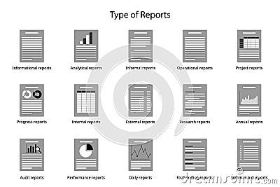 Different Type of reports for informational report, analytical report, internal, external report Vector Illustration