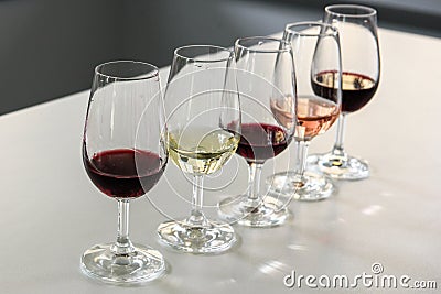 Different type of wines ready for wine tasting. Stock Photo