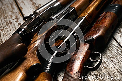 Different types of ancient hunting shotguns Stock Photo