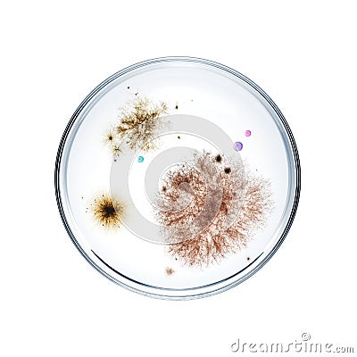 Different types of bacterial colonies in petri dish Stock Photo