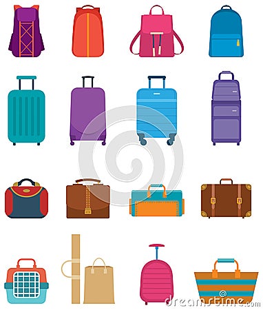 Different types of baggage. Large and small suitcase, hand luggage, backpack, carrying animals, crate, handbag. Cartoon Illustration