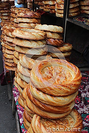 Different types of bread at the tradiyionsl bazaar, market in Osh city, Kyrgyzstan, traditional bakery Stock Photo