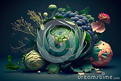 Different types of cabbage on dark background. Heads and leaves of cabbage. Generative AI Stock Photo