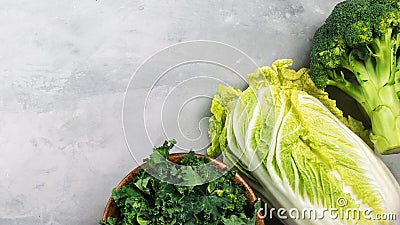 Different types of cabbage. Kale, chinese cabbage, broccoli on a gray background banner. Top view, copy space for text Stock Photo