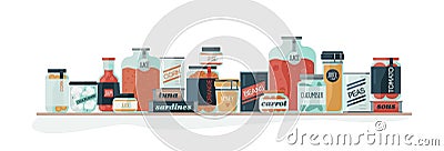 Different types of cartoon glass and cans with pickled vegetables banner isolated on white. Red tomato juice, jam Vector Illustration