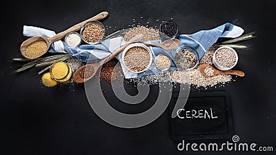 Different types of cereals in bowls Stock Photo