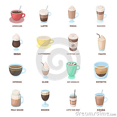 Different types of coffee. Different types of coffee. set collection icons in cartoon style vector symbol stock Vector Illustration