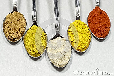 Different types of condiments powder Stock Photo