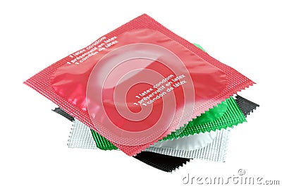 Different types of Condom isolated on white Stock Photo