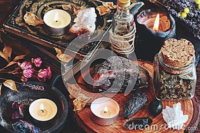 Different types of crystals on wiccan witch altar Stock Photo