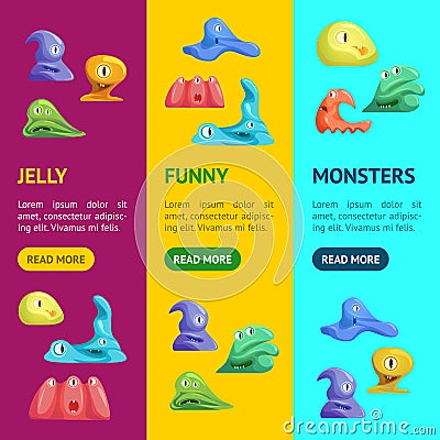 Different Types Cute Jelly Monsters Characters Banner Vecrtical Set. Vector Vector Illustration