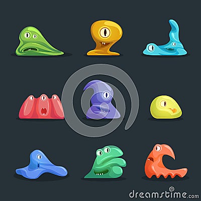 Different Types Cute Jelly Monsters Characters Set. Vector Vector Illustration