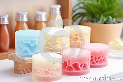 different types of denture cleansers on bathroom shelf Stock Photo